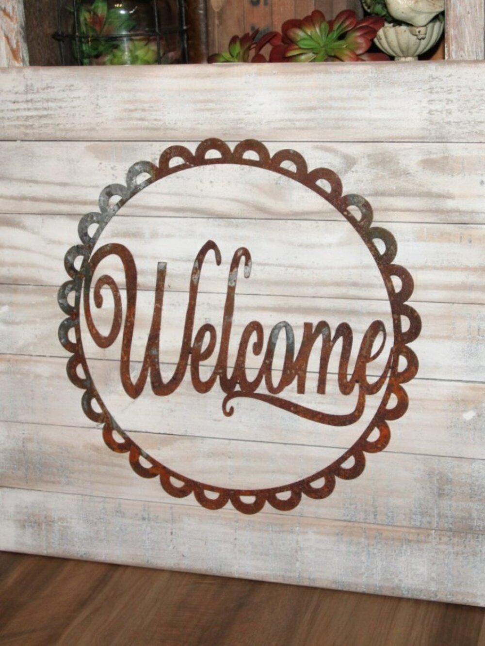 NEW Large Rustic Distressed Wood & Rusty Metal Farmhouse WELCOME Wall Decor